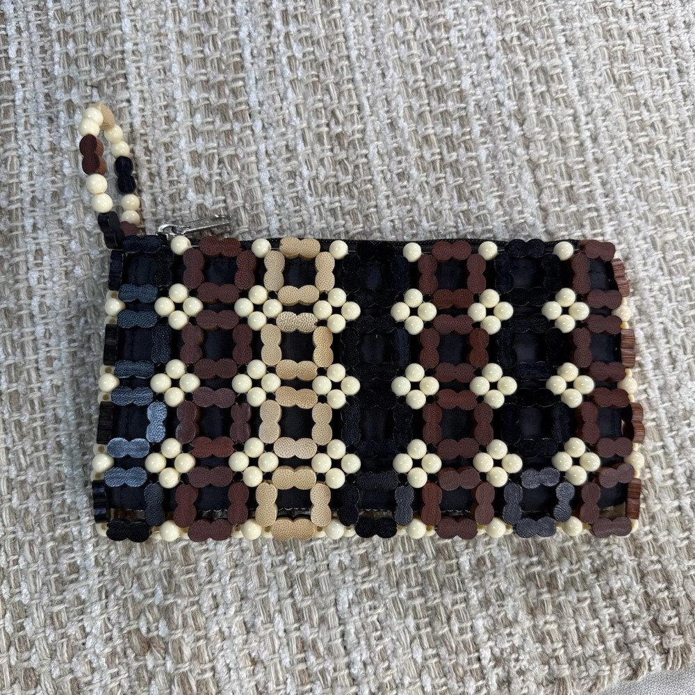 Handmade Wooden Beaded Clutch Bag Purse Black Brown Light Wood Beads Geometric